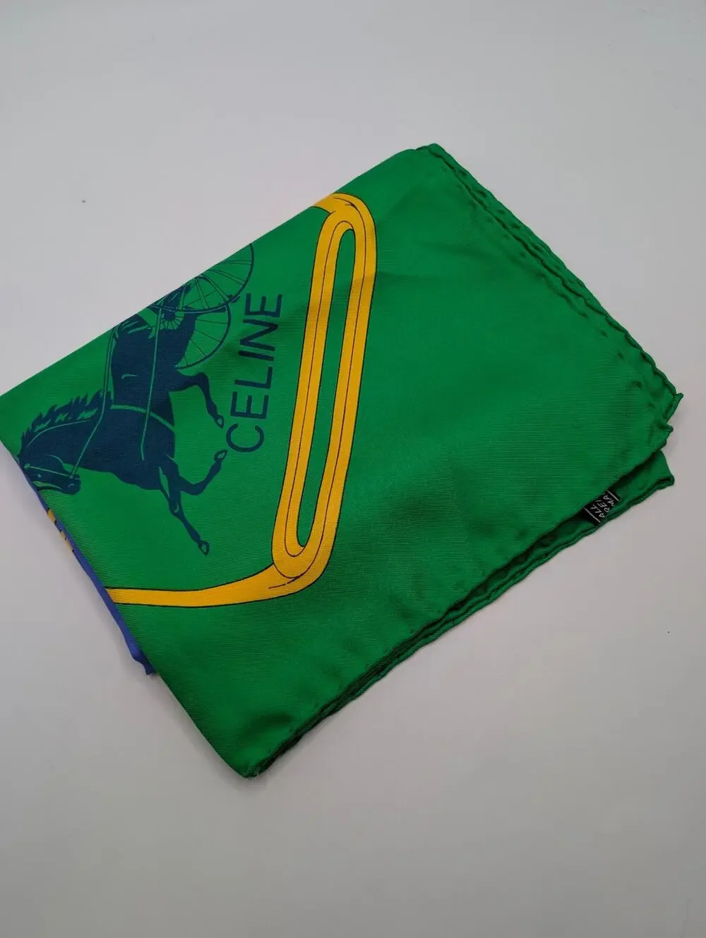 Auth Celine Paris 100% Silk Equestrian Horse Bit Scarf Green, Blue Yellow 34x34